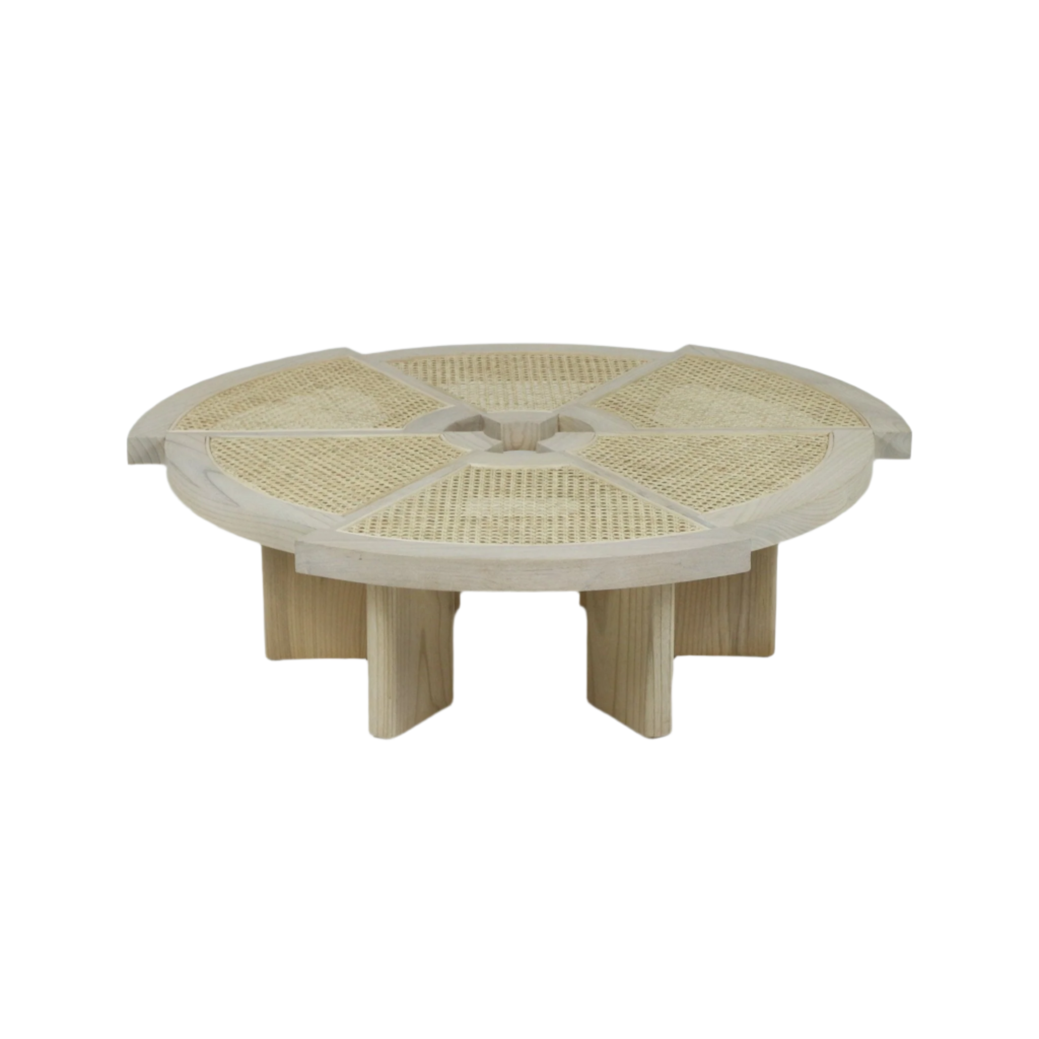 Low round coffee table in natural wood with a segmented woven cane top arranged in six radial panels around a small center hub, supported by short chunky pedestal legs in a modern midcentury style.