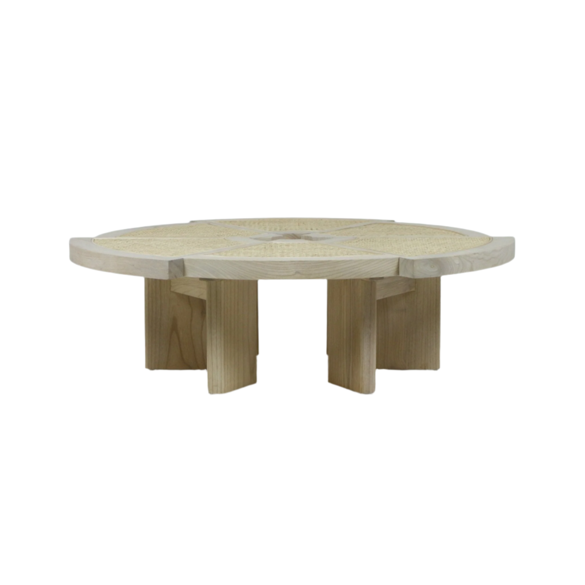 Low round coffee table in natural wood with a woven cane inset top arranged in a segmented radial pattern, supported by interlocking chunky wooden legs for a modern, midcentury minimalist look.