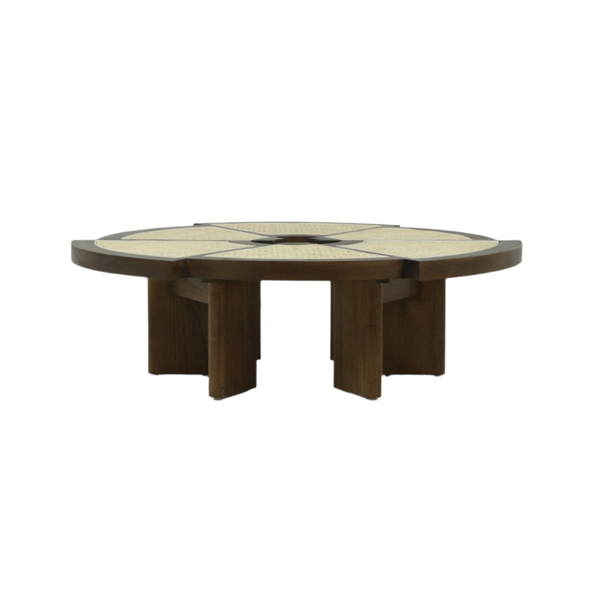 Low round coffee table with dark wood frame and natural cane inlay divided into radial segments, a recessed central detail, and sturdy block-style wooden legs in a modern midcentury silhouette.